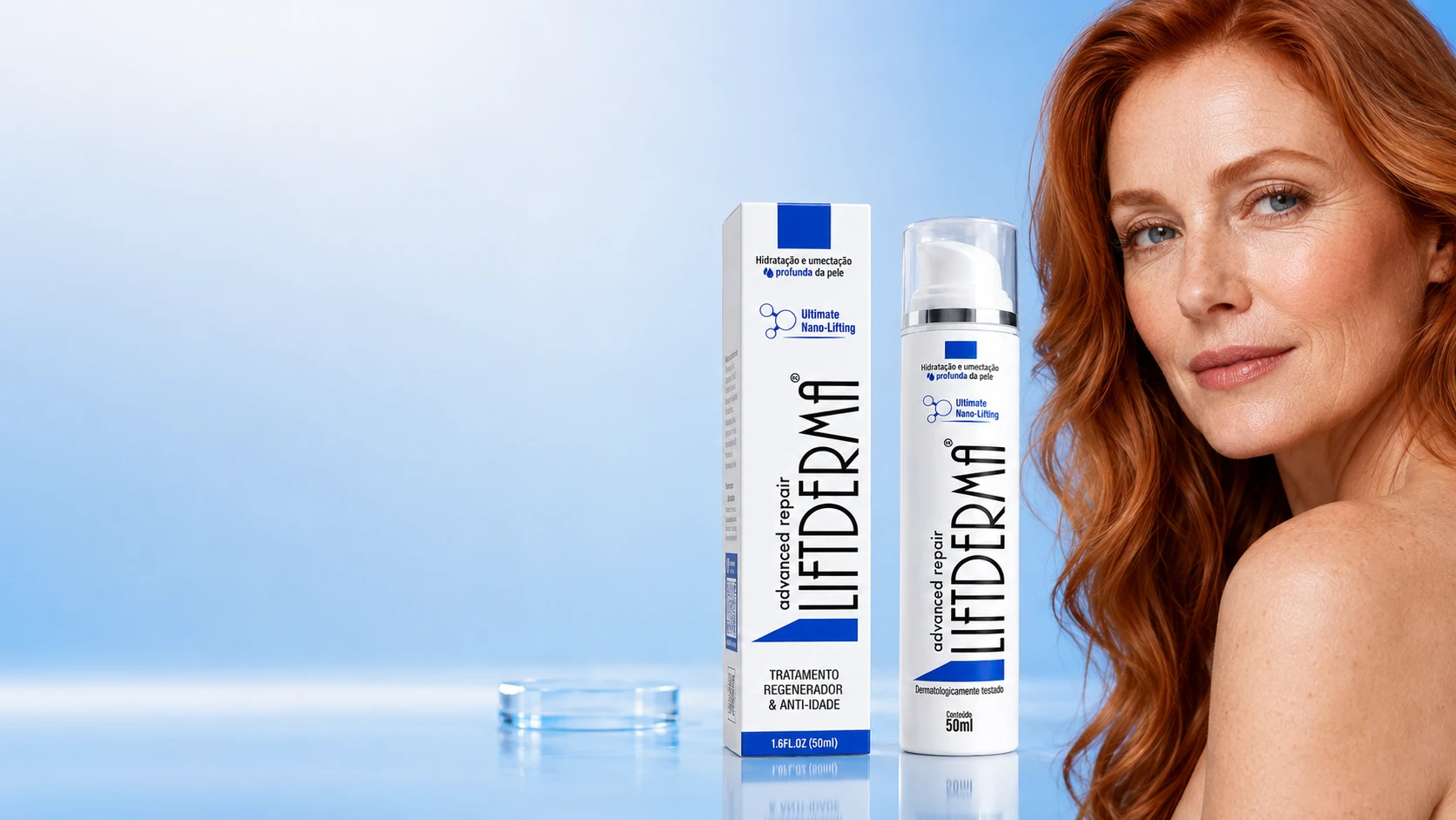 Creme Liftderma Advanced Repair 50ml ao lado de mulher com pele firme e luminosa